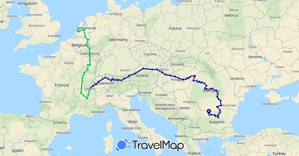 TravelMap itinerary: driving, bus in Austria, Belgium, Bulgaria, Switzerland, France, Hungary, Luxembourg, Netherlands, Romania (Europe)
